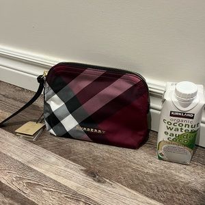 Burberry plum check nylon zip cosmetic pouch